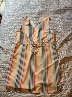Eddie Bauer size large soft active rainbow dress with pockets Stripe V-Neck